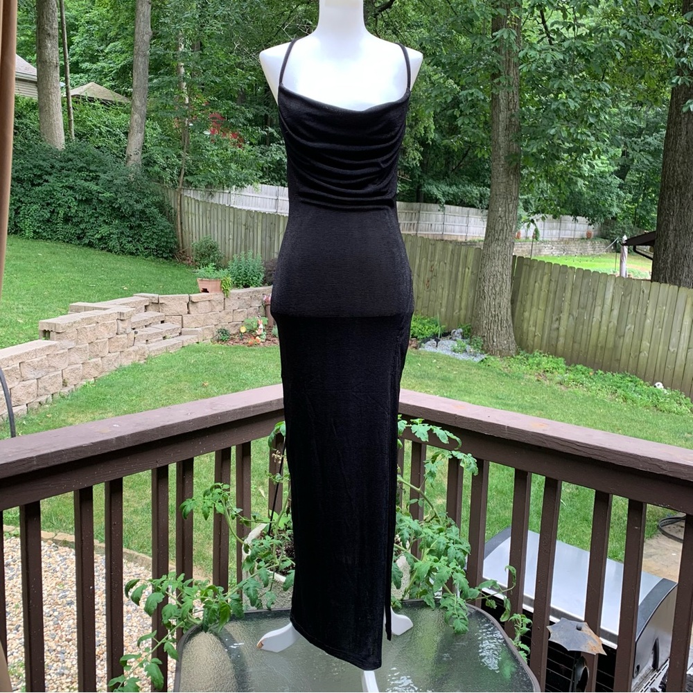 New NWT Runway The Label Slinky Black Slip Maxi Dress Size S Small Stretch